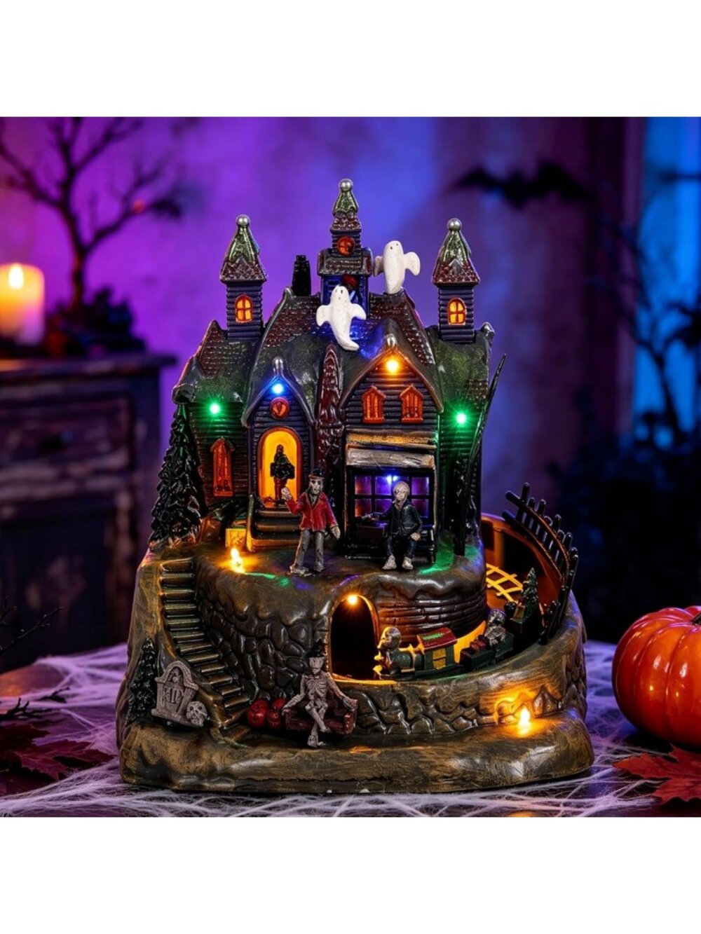 Spooky Animated Halloween Village House with Train, Sound & Light Effects